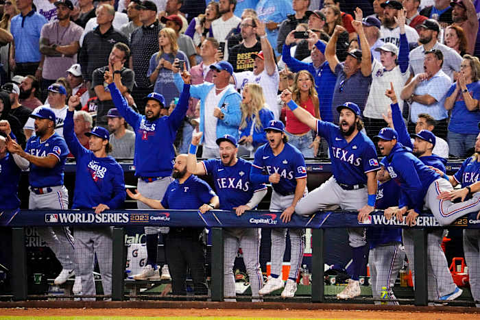 The Texas Rangers reacts after a Texas Rangers second baseman Marcus Semien (not pictured) hit a two run home run during the ninth inning against the Arizona Diamondbacks during game five of the 2023 World Series at Chase Field.